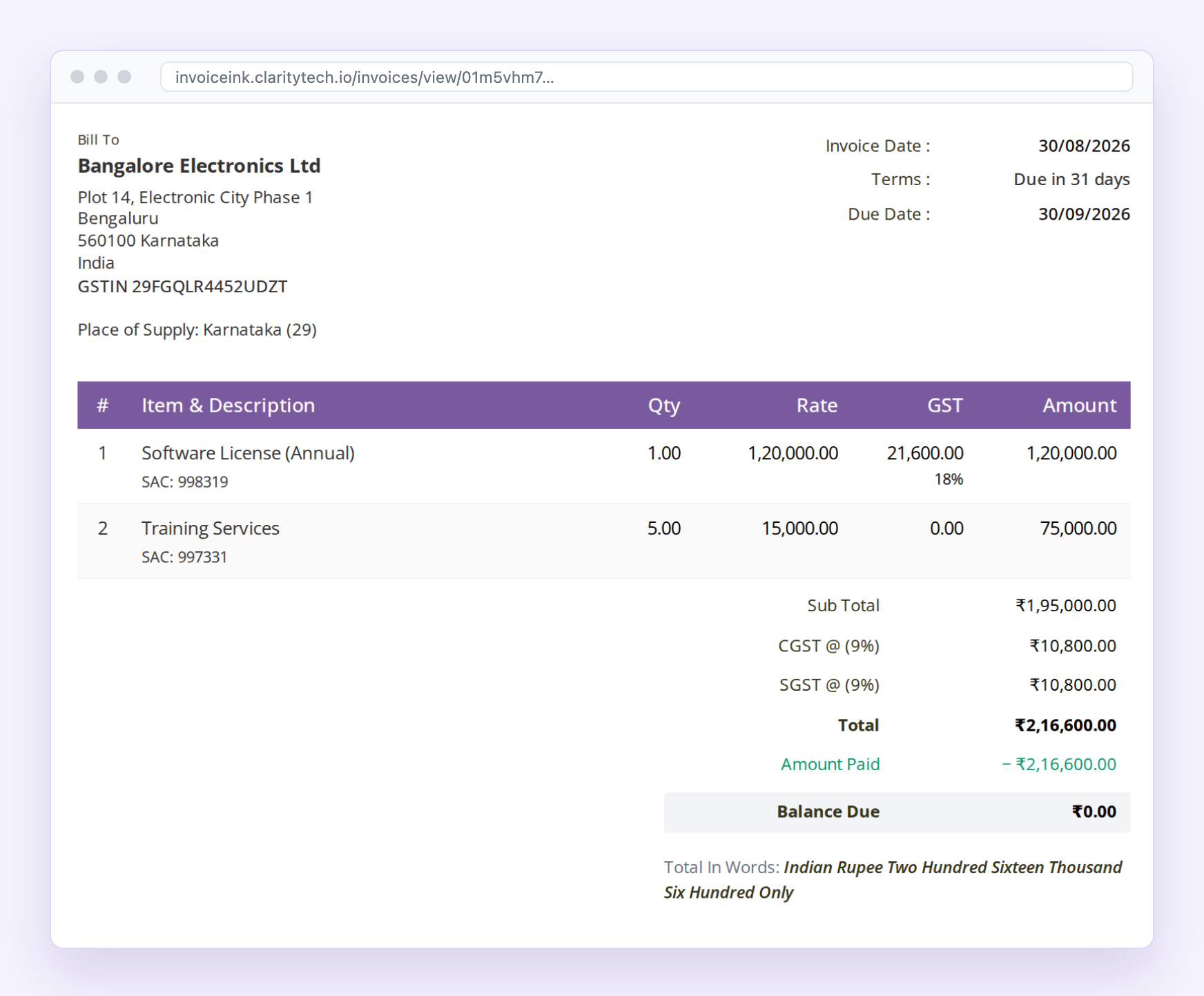 An invoice as the customer sees it, with the GST split, the amount paid and the balance due