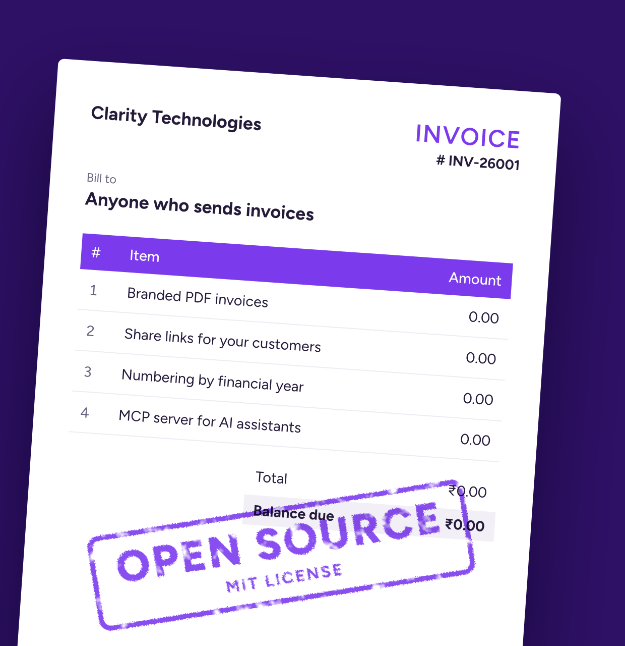 An InvoiceInk invoice from Clarity Technologies, billed to anyone who sends invoices, with every item at zero and an Open Source, MIT License stamp.